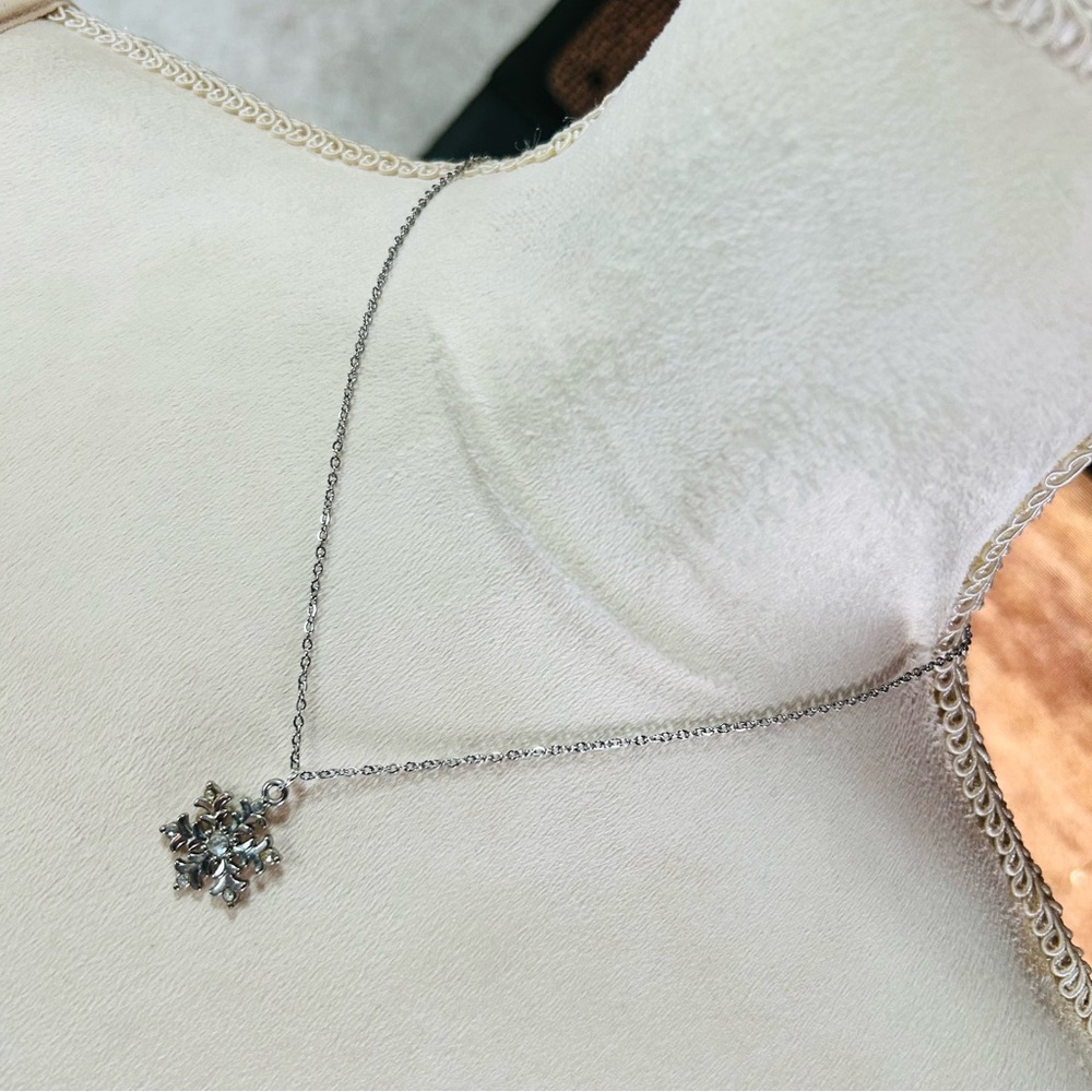 Handcrafted salvaged vintage rhinestone snowflake pendant on chain necklace